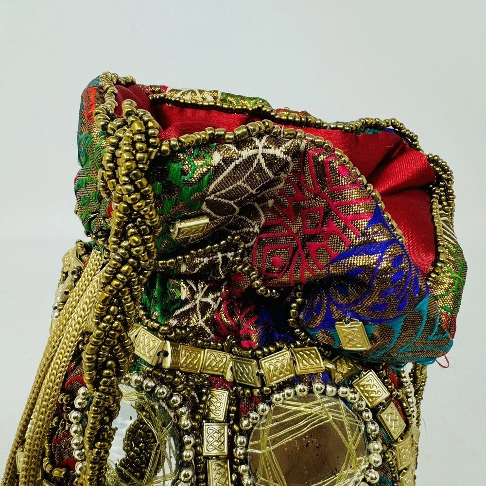 Handmade Nepalese Purse Bag‎ Colorful Beads Pull Close Mirrors 7